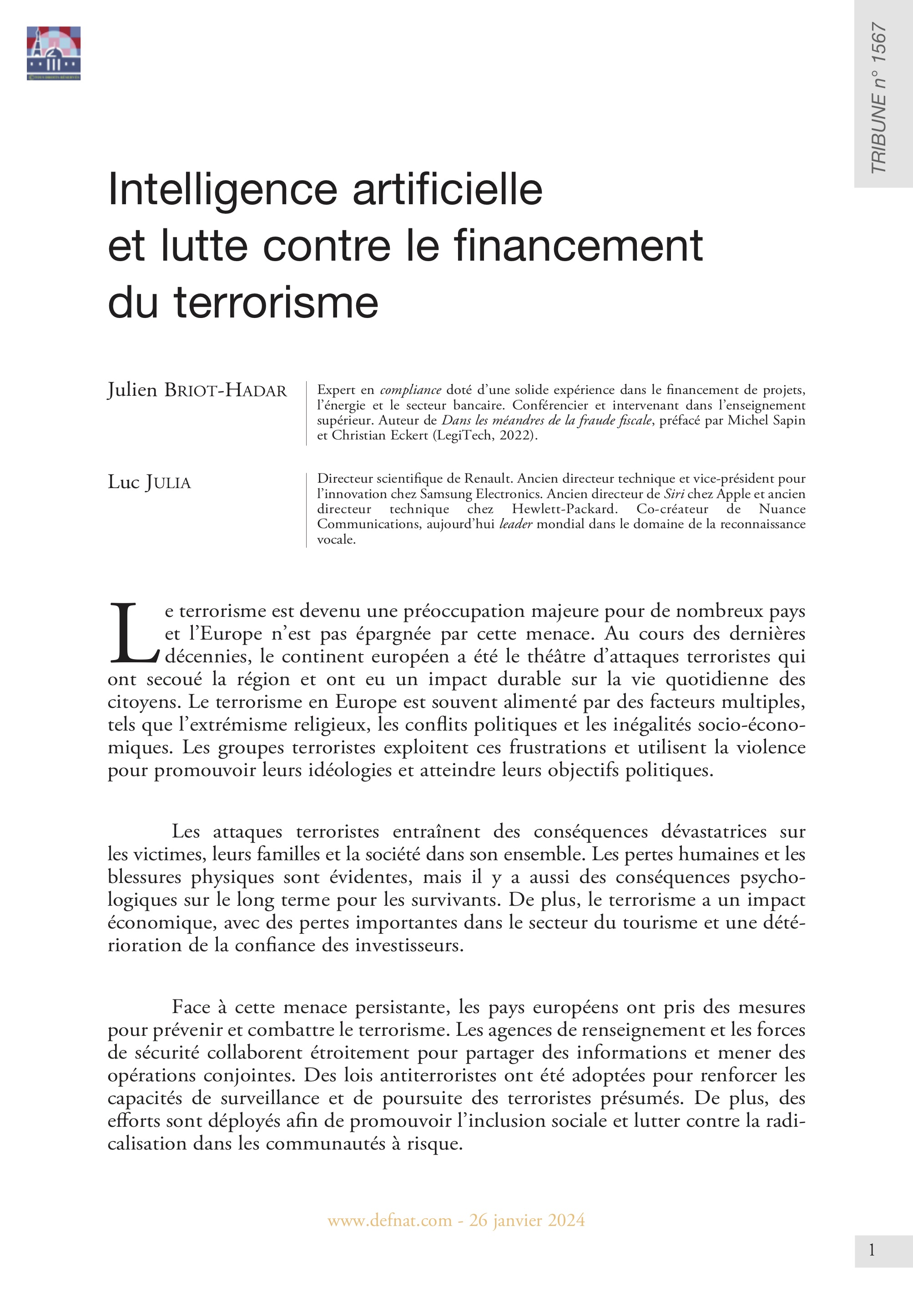 Intelligence artificielle et lutte contre le financement du terrorisme (T 1567)
